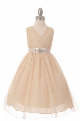 Girls Dress Style 1220-7 - ALL CHAMPAGNE Tulle Dress with CHAMPAGNE Sequin Belt