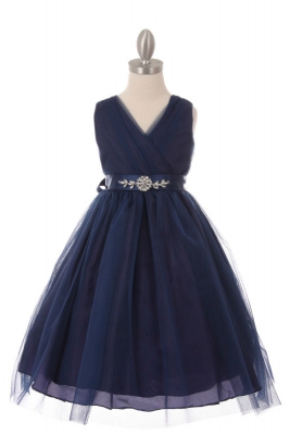 Girls Dress Style 1220-7 - ALL NAVY BLUE Tulle Dress with NAVY BLUE Sequin Belt