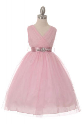 Girls Dress Style 1220-7 - ALL PINK ROSE Tulle Dress with PINK ROSE Sequin Belt