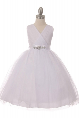 Girls Dress Style 1220-7 - ALL WHITE Tulle Dress with WHITE Sequin Belt