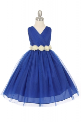SALE_Girls Dress Style 1220 - ROYAL BLUE Dress with Ivory Flower Sash