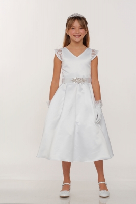 Girls Dress Style 2009 -  WHITE Cap Sleeve Satin Dress with Lace Accents
