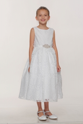 Girls Dress Style 2010 - WHITE Lace Dress with Rhinestone Ribbon Sash