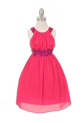 Girls Dress Style 5004- FUCHSIA Sleeveless Chiffon and Sequin Dress with Cross Back