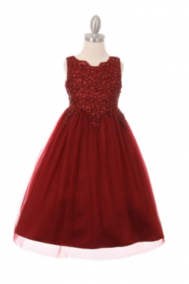 Girls Dress Style 5008 - BURGUNDY Short Beaded Dress