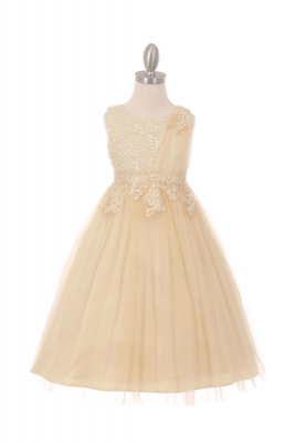 Girls Dress Style 5009 - Champagne Sleeveless Sequin and Lace Dress
