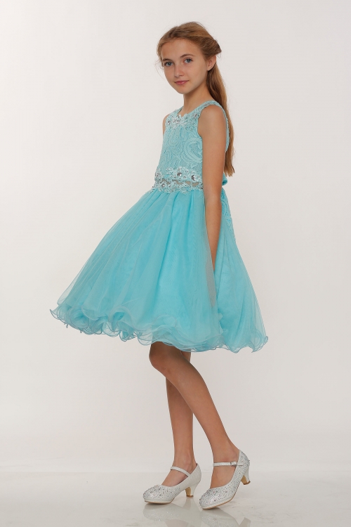 Girls Dress Style 5010 - AQUA Rhinestone Lace Dress with Peekaboo Waist