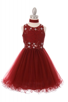 Girls Dress Style 5010 - BURGUNDY Rhinestone Lace Dress with Peek-a-boo Waist