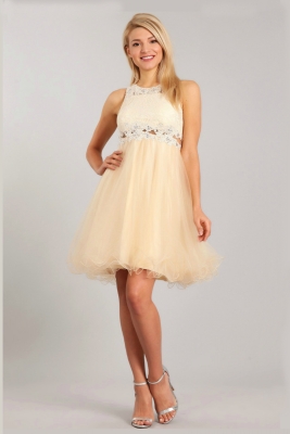 Girls Dress Style 5010 - CHAMPAGNE Rhinestone Lace Dress with Peekaboo Waist