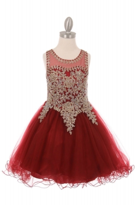 Girls Dress Style 5017 - Burgundy Sleeveless Gold Embellished Short Party Dress