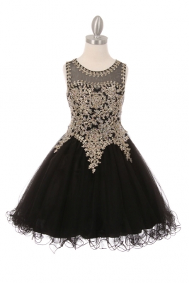 Girls Dress Style 5017 - Black Sleeveless Gold Embellished Short Party Dress