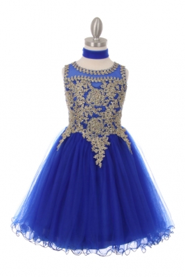 Girls Dress Style 5017 - Royal Blue Sleeveless Gold Embellished Short Party Dress