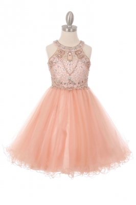 Girls Dress Style 5022 - Sleeveless Embellished Short Party Dress in Blush