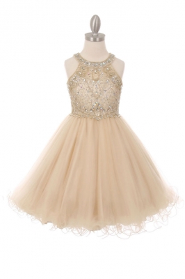 Girls Dress Style 5022 - Sleeveless Embellished Short Party Dress in Champagne
