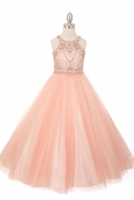 Girls Dress Style 5027 - BLUSH Beaded Gown with Keyhole Back