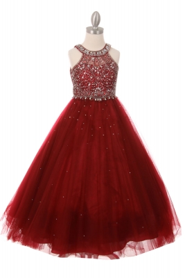 Girls Dress Style 5027 - BURGUNDY Beaded Gown with Keyhole Back