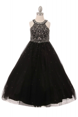 Girls Dress Style 5027 - BLACK Beaded Gown with Keyhole Back