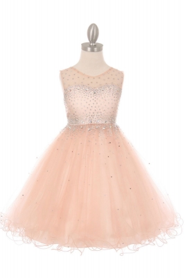 Girls Dress Style 5029 - Blush Sleeveless Illusion Neckline Sparkle Dress