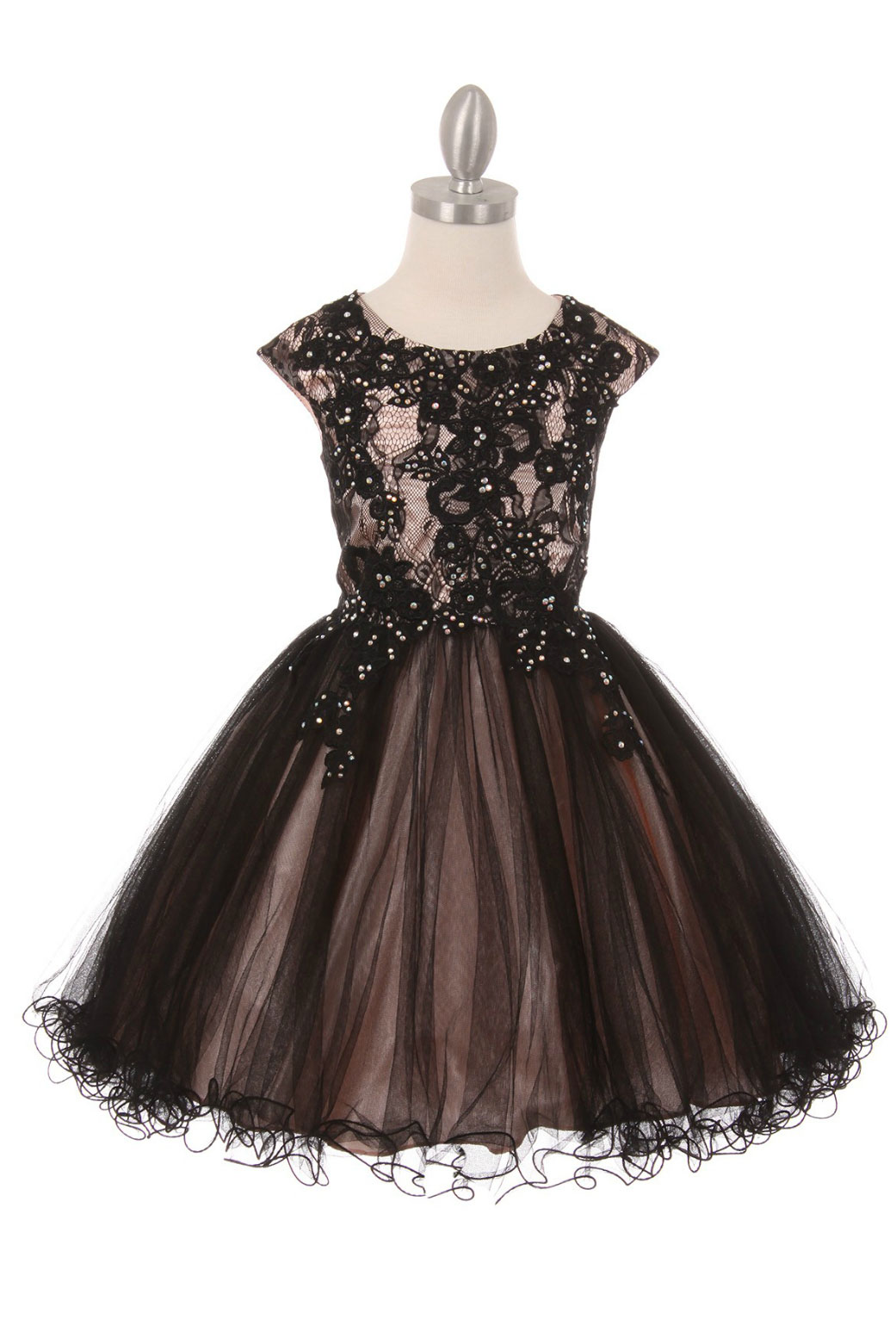 CC_5045BLBK Girls Dress Style 5045 Capped Sleeve Lace and Tulle Short Party Dress in Choice