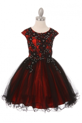 Girls Dress Style 5045 - Red and Black Capped Sleeve Lace and Tulle Short Party Dress