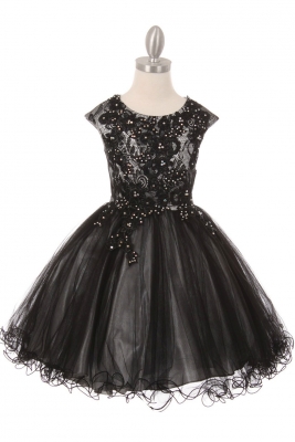 Girls Dress Style 5045 - Silver and Black Capped Sleeve Lace and Tulle Short Party Dress