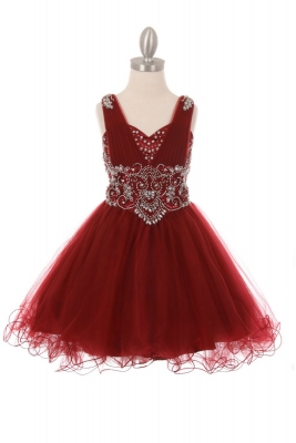 Girls Dress Style 5046 - Short Beaded Dress in Burgundy