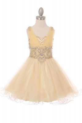 Girls Dress Style 5046 - Short Beaded Dress in Champagne