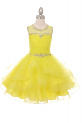 Girls Dress Style 5050 - Short Beaded Illusion Neckline Dress in Yellow