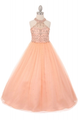 Girls Dress Style 5051 - Beaded Halter Style Long Gown in Peach