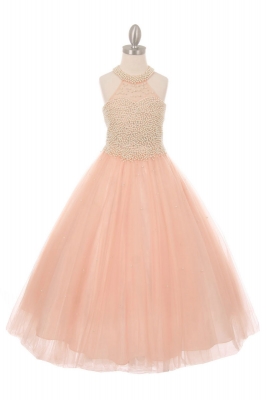 Girls Dress Style 5055 - Pearl Halter Style Long Gown in Choice of Color
