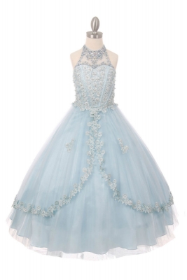 SALE Baby Blue Beaded Halter Style Long Gown