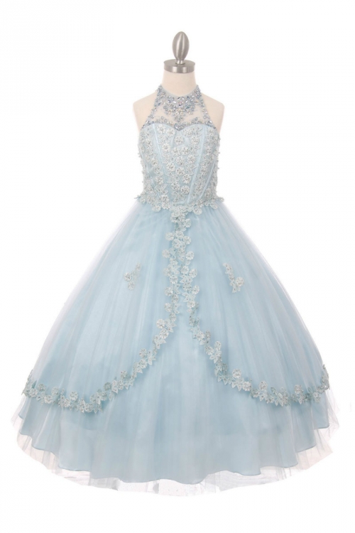 SALE Baby Blue Beaded Halter Style Long Gown