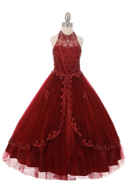 Girls Dress Style 5060 - Burgundy Beaded Halter Style Long Gown