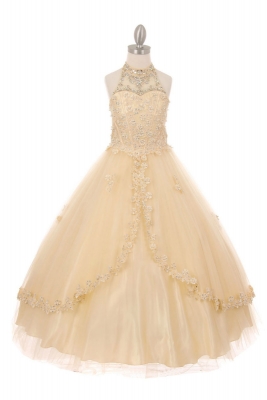 SALE Champagne Beaded Halter Style Long Gown