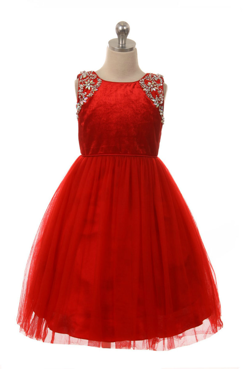 SALE_CC_5064R SALE Beaded Velvet and Tulle Dress in Red See All