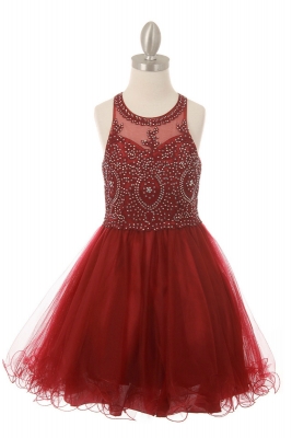 Girls Dress Style 5065 - Beaded Sequin Short Dress in Burgundy