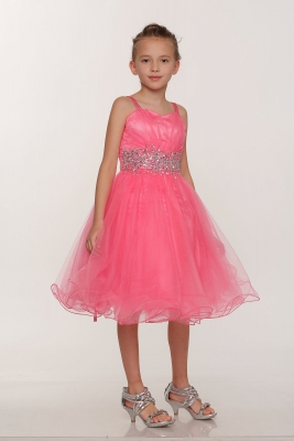 Girls Dress Style 65008 - CORAL Spaghetti Strap Rhinestone Dress with Corset Back