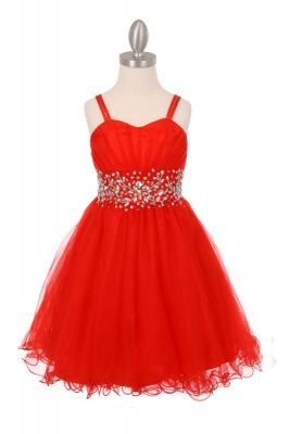 Girls Dress Style 65008 - RED Spaghetti Strap Rhinestone Dress with Corset Back