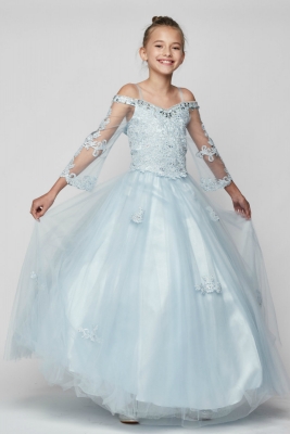 Girls Dress Style 8002 - Blue Juliet Sleeved Beaded Off Shoulder Gown