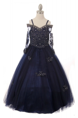 Girls Dress Style 8002 - Navy Juliet Sleeved Beaded Off Shoulder Gown