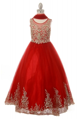 Girls Dress Style 8004 - Beaded with Embroidered Hemline Gown in RED