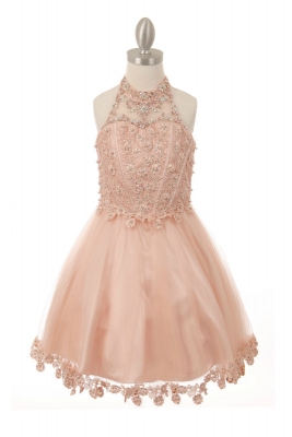 Girls Dress Style 8500 - Blush Beaded Sequin Short Dress