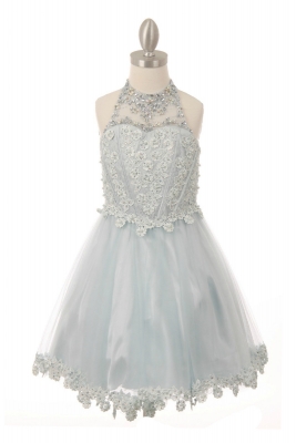 Girls Dress Style 8500 - Blue Beaded Sequin Short Dress