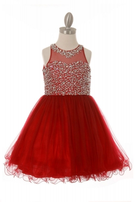 Girls Dress Style 8501 -  Burgundy Short Beaded and Tulle Party Dress