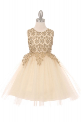 Girls Dress Style 9030 - Short Gold Embroidered Gown in Choice of Color