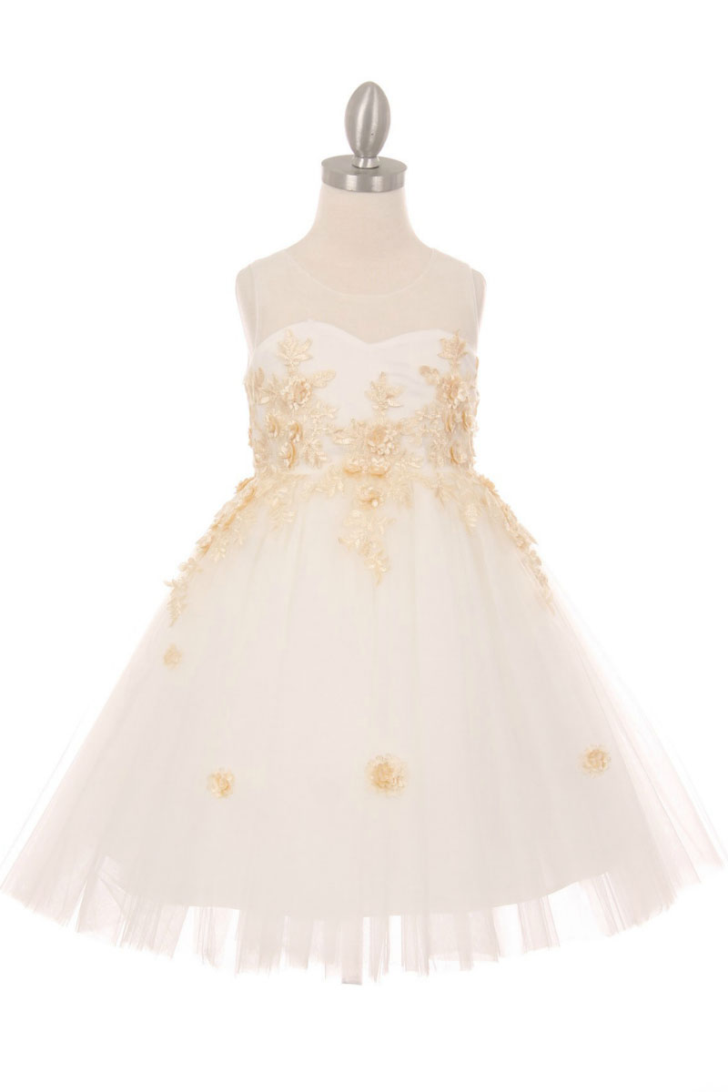 CC_9035IVCH Girls Dress Style 9035 Short Floral Embellished Gown in