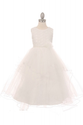 Girls Dress Style 9036 - Lace and Pearl Tulle Dress in Ivory