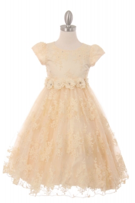 Girls Dress Style 9078 -  Short Sleeved Lace Dress in Champagne
