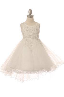 Girls Dress Style 9086 - High Low Sequin Embroidered Dress in White