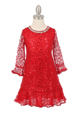 Girls Dress Style 9350 - Long Sleeve Sequin Dress in Choice of Color